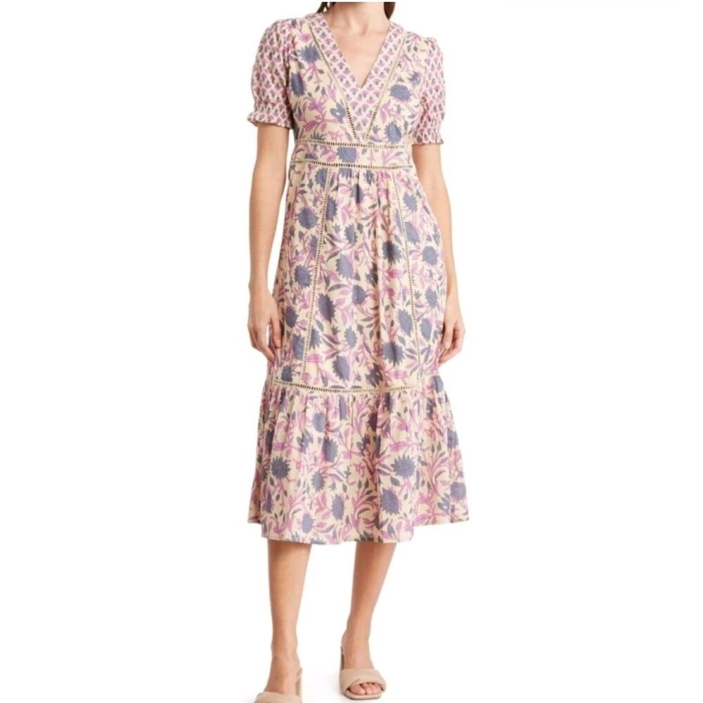 dRA los angeles Delfina Midi Dress woodblock print v neck puff sleeve ivory xs